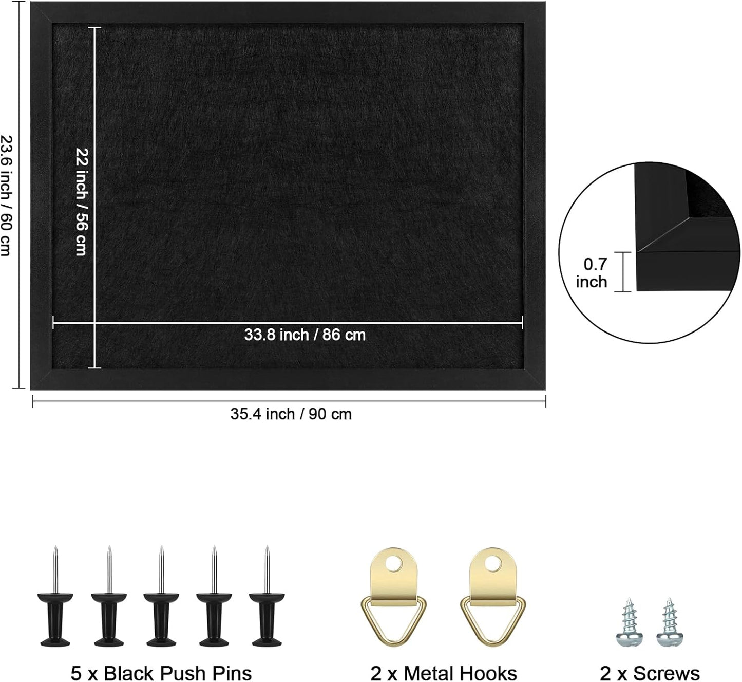 TORASO Cork Board Bulletin Board, 23.5" X 35.5" Cork Boards for Walls with Pins, Eye Bolts, gaskets, Screws, Pin Board for Office, School and Home (BK,60x90cm,2p