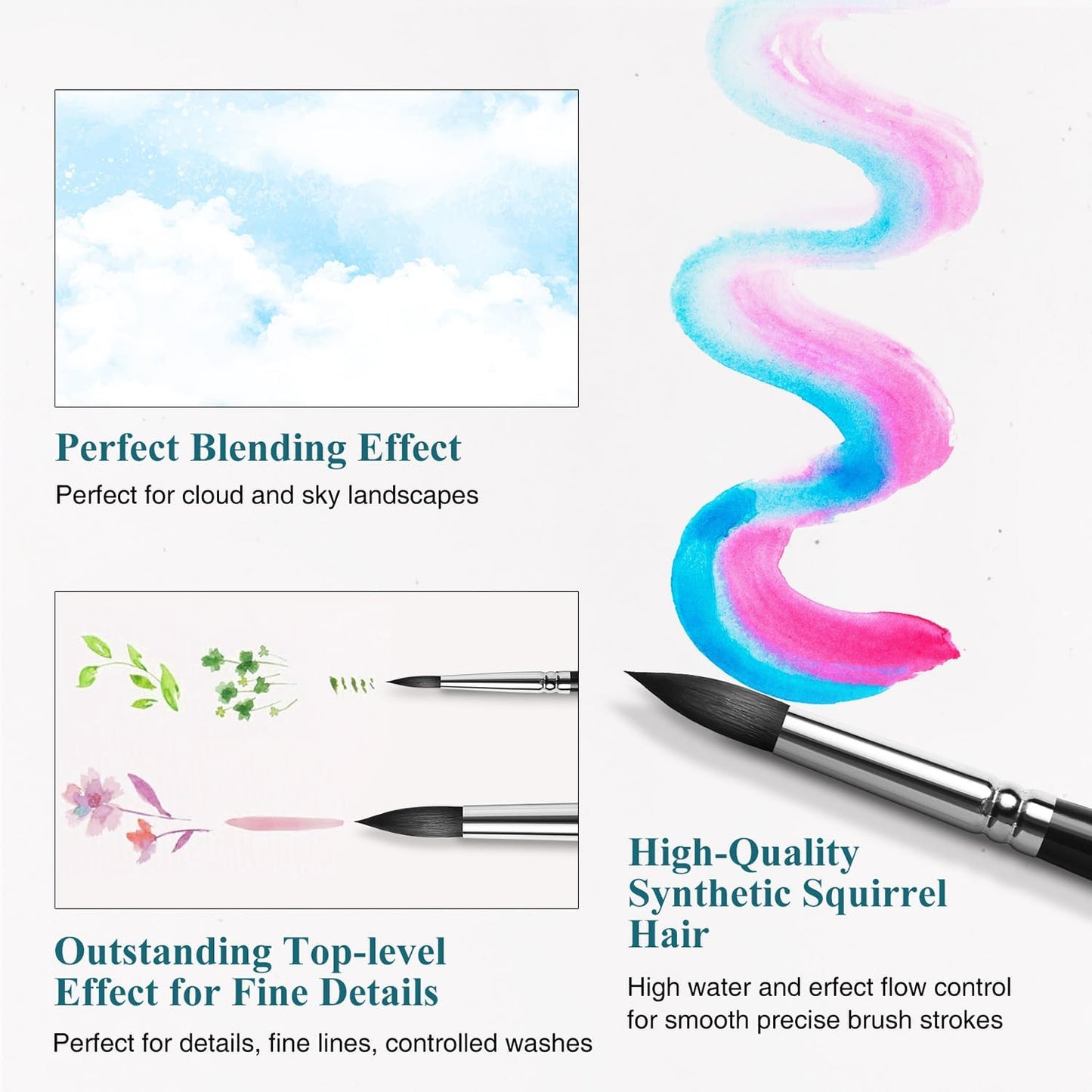Watercolor Brushes Professional, Fuumuui 9Pcs Synthetic Squirrel Paint Brush Set for Adults Round Pointed Detail to Mop for Watercolor Gouache Acrylic Ink Painting