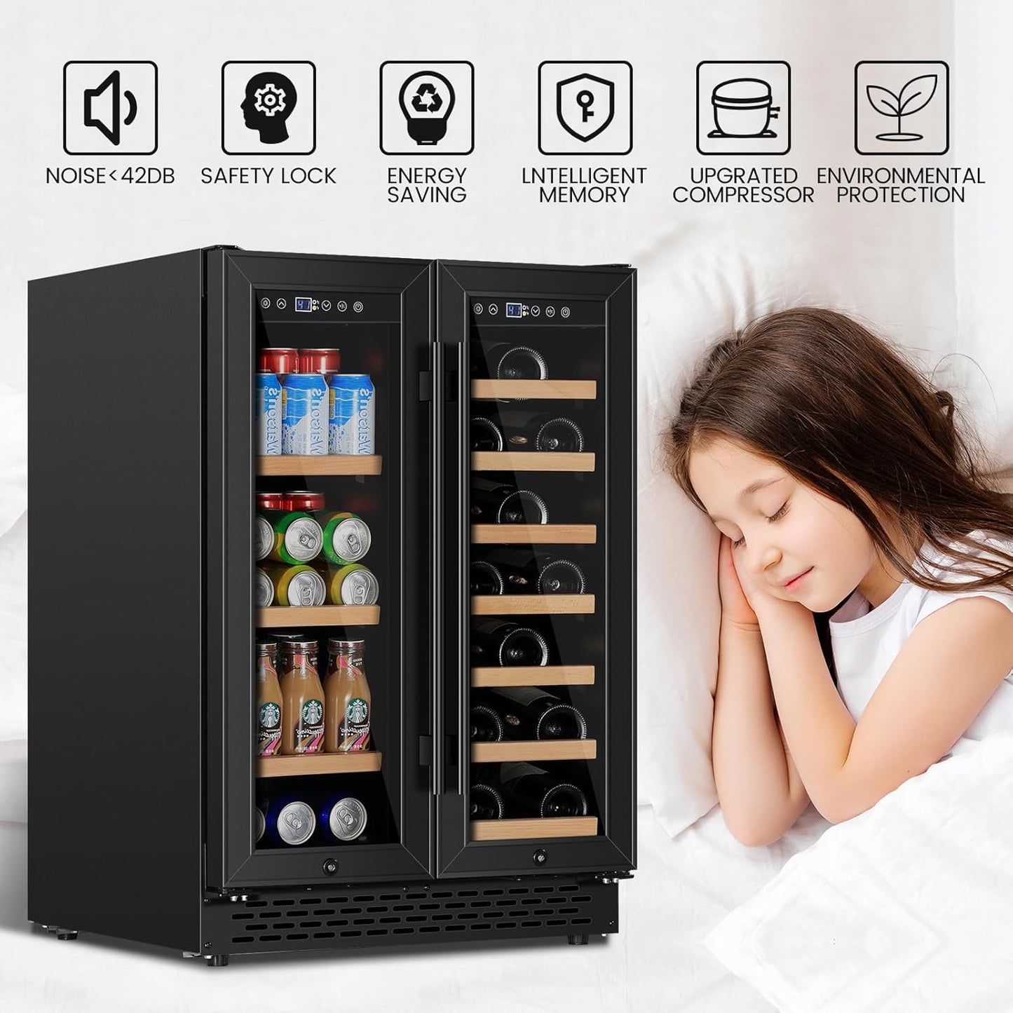 24 Inch Wine and Beverage Refrigerator Under Counter, Dual Zone Black Beverage Fridge with Glass Door&Lock,20 Bottles & 88 Cans Wine and Beverage Cooler, Freestanding Mini Fridge for Bedroom Home