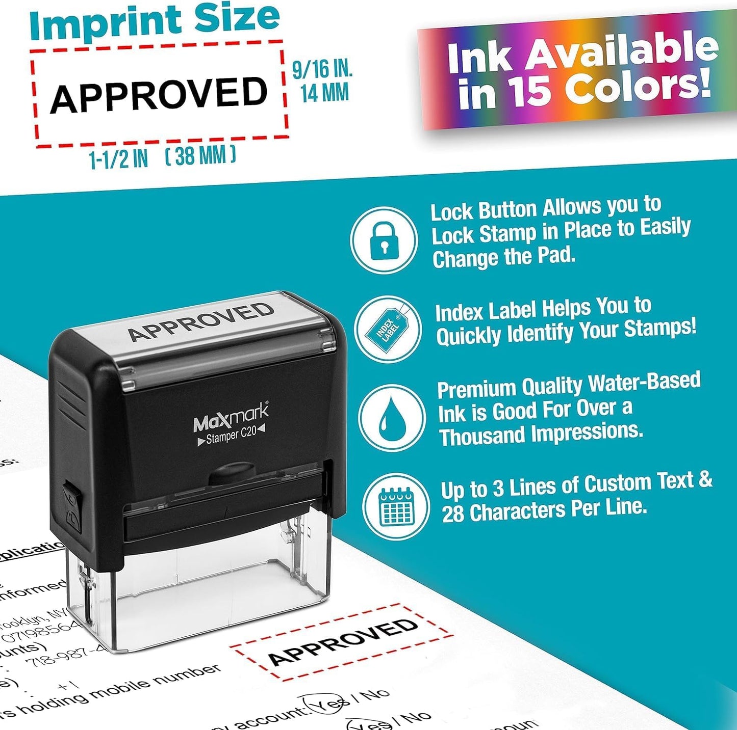 MaxMark Customized Self Inking Stamp - Up to 6 Lines of Text - Large & Wide Size - Choose from 15 Ink Colors