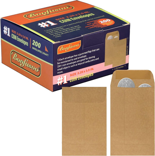 200 Pack #1 Kraft Coin Envelope 2.25 X 3.5 inches Kraft Envelopes Classic Small Parts Envelopes with Self Adhesive Gummed Flap for Coins Cash Credit Cards Seeds