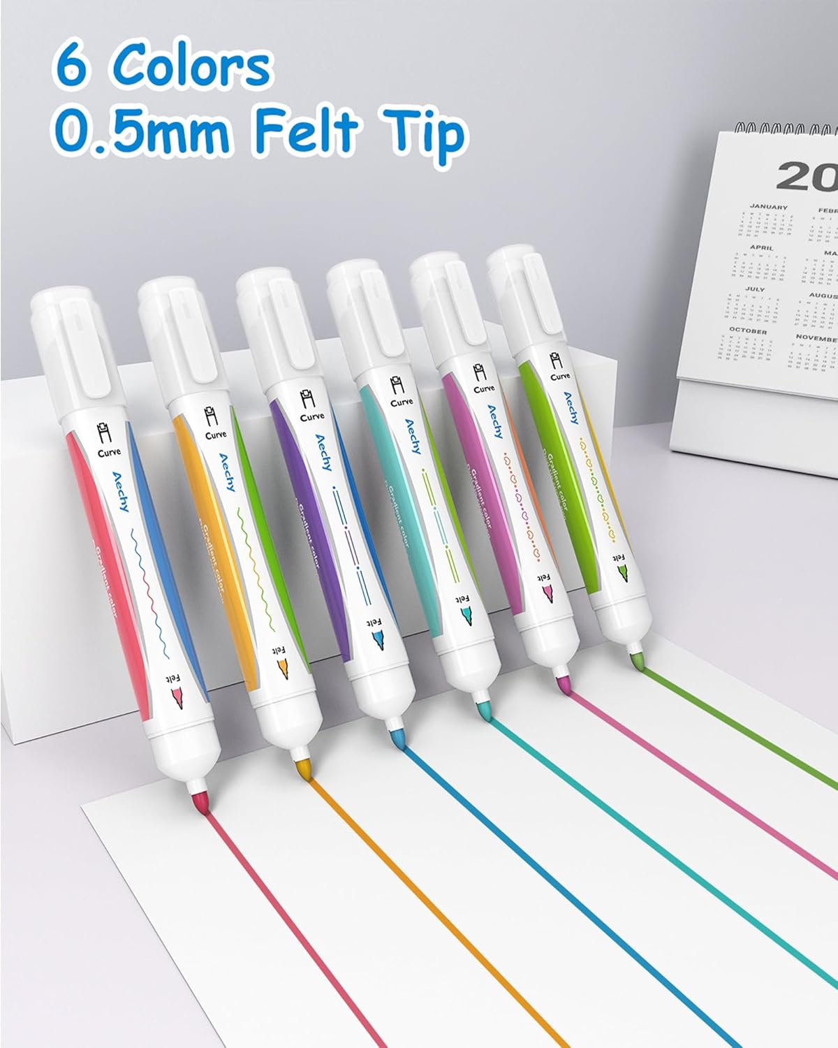 AECHY 6PCS Dual Color Highlighter Pens - 1 Stroke 2 Colors! Dual Tip Pens with 3 Curve Shapes & 6 Vibrant Colors for Note Taking, Underlining, Journaling, No Bleed Acid-Free Ink, for School,Office,Art