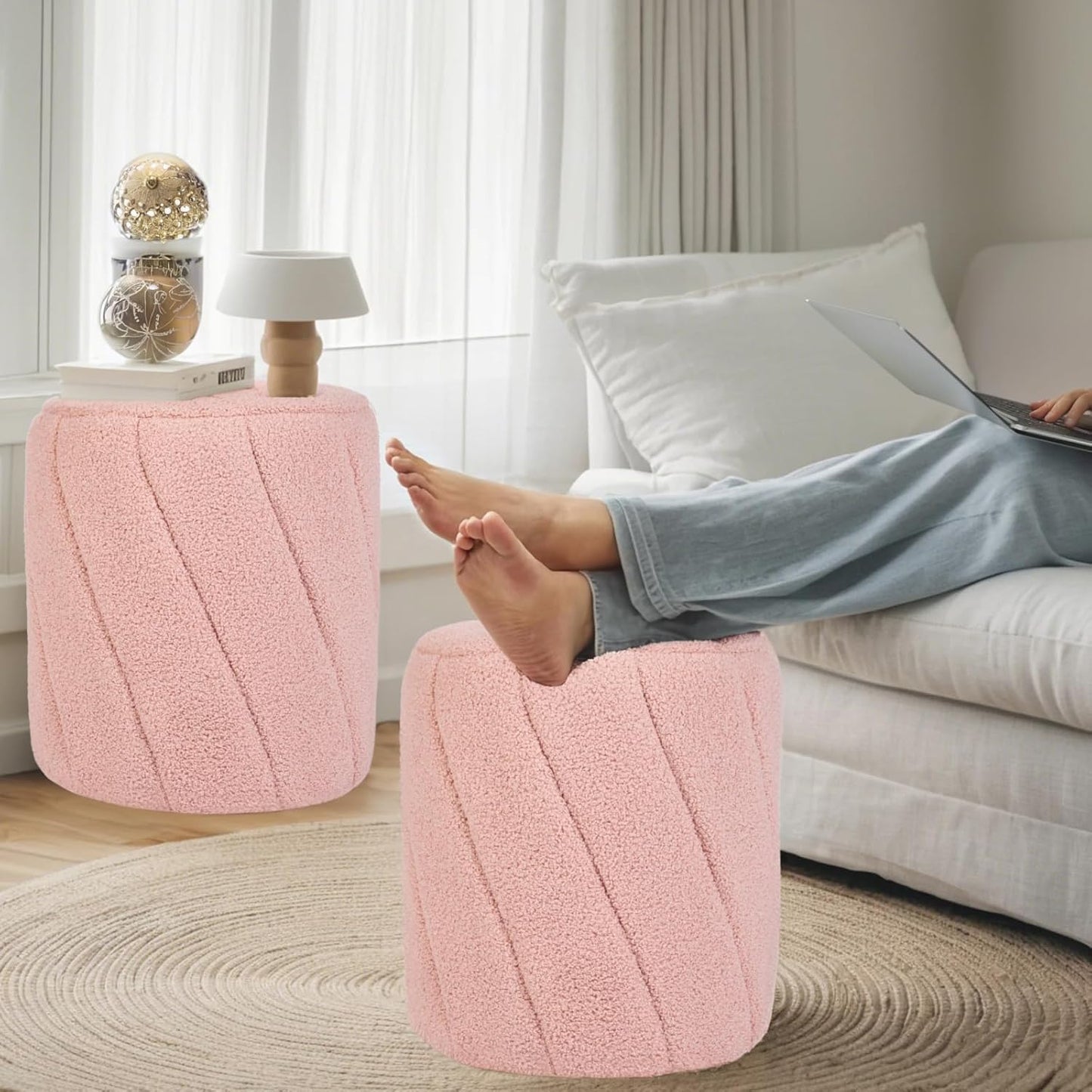 Modern Round Ottoman 2Pcs, Spiral-Tufted Foot Stool Ottoman, Teddy Fleece Upholstered Vanity Stool for Makeup, Bedroom, Living Room, Pink