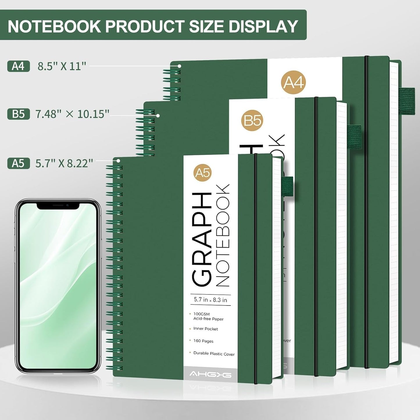 AHGXG Graph Paper Notebook - Spiral Notebook Journal 160 Pages, A5 Graph Notebook 5.7" x 8.3", 100 gsm Thick Grid Paper, Waterproof Plastic Cover, for School Writing Engineering Math, Green