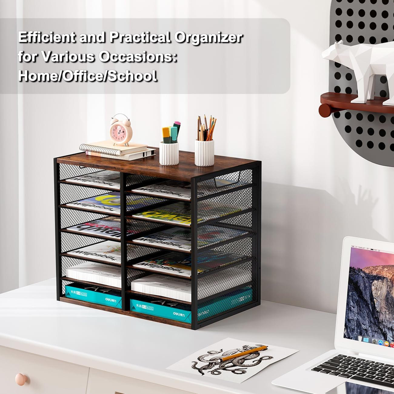 PAG Mass Mail Sorter - Adjustable Mail Holder, Countertop Literature Organizer, Student Mailbox for Classroom, Desktop Bill Paper Organizer for Office Home School, 12 Compartments, Brown