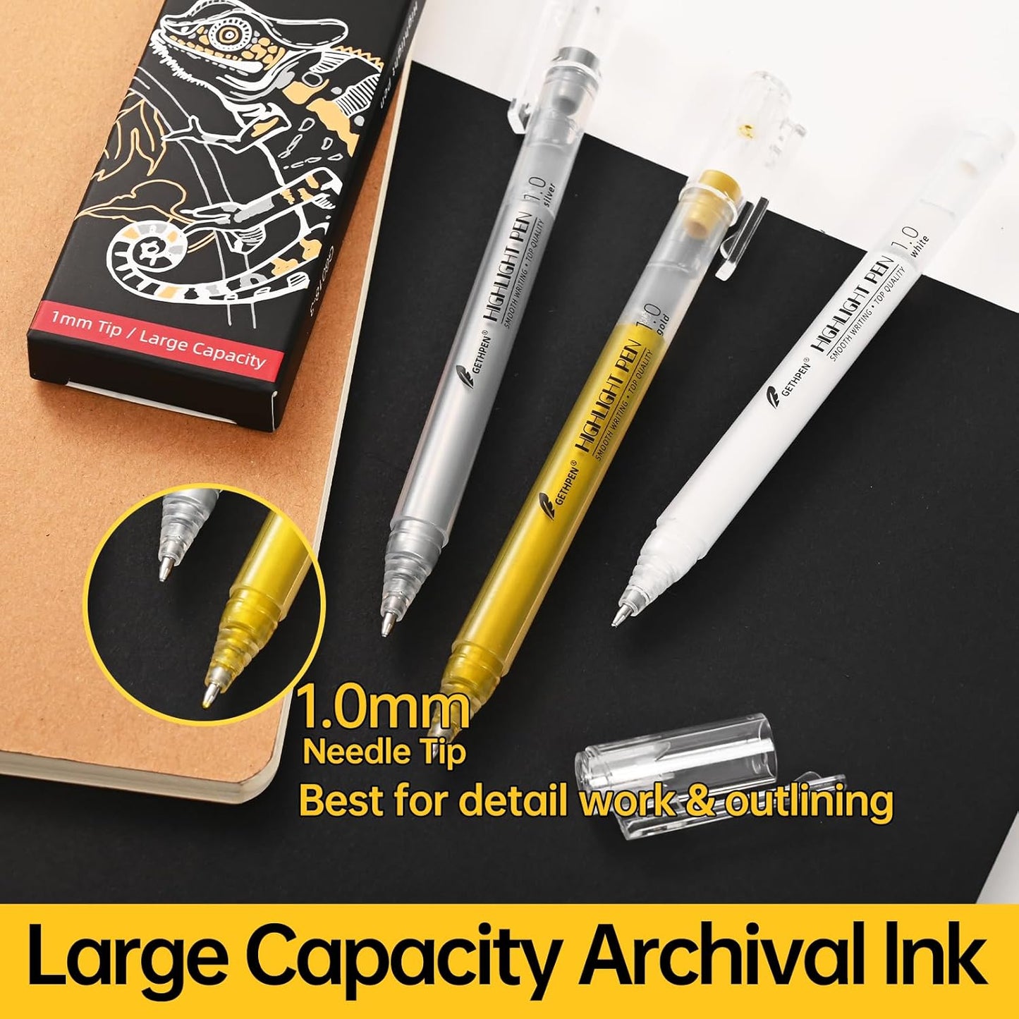 Silver Gel Pens, 3 Pack, 1mm Extra Fine Point Gel Ink Pen, Opaque White Archival Ink Pens for Black Paper Drawing, Sketching, Card Making