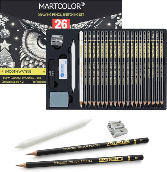 Drawing Sketching Pencil Set, 26 Pieces, Graphite Pencils (14B-4H), Charcoal Pencils, Charcoal Sticks, Blending Stump, Eraser, Sharpeners, Artist Pencils for Beginners & Pro Artists