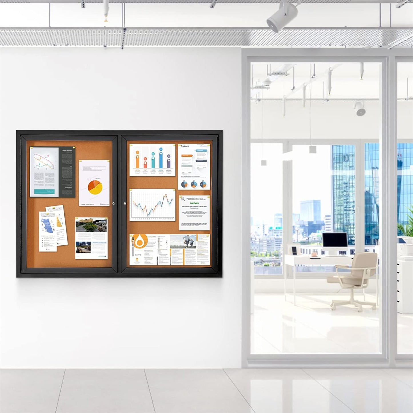 Enclosed Bulletin Board Outdoor Noticeboard with Locking Door, Weather-Resistant, Cork, Black Aluminum Frame, 48 x 34 in