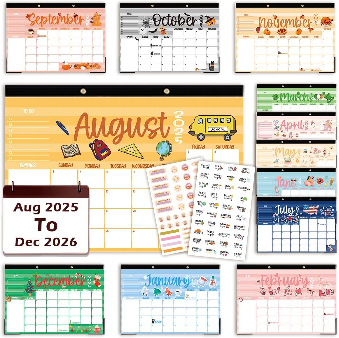 Large Doodle Teacher Desk Calendar 2025-2026 25-26 Teacher planner 17-Month 2025-2026 Desk Desktop Holiday Monthly classroom Calendar 2025 August 2025-December 2026 with Holiday Planner Stickers
