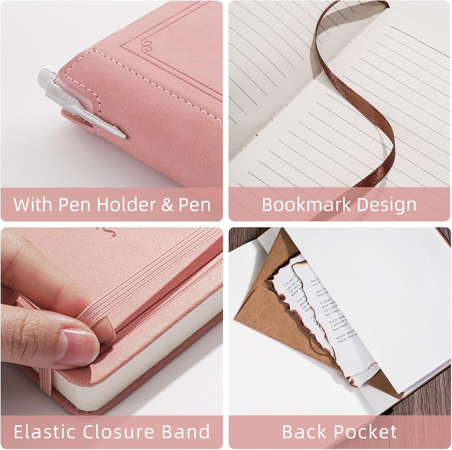 Lined Notebook Journal for Women Men 320 Pages A5 Hardcover Leather with Pen Holder College Ruled Journals for Work Note Taking Travel School Pink