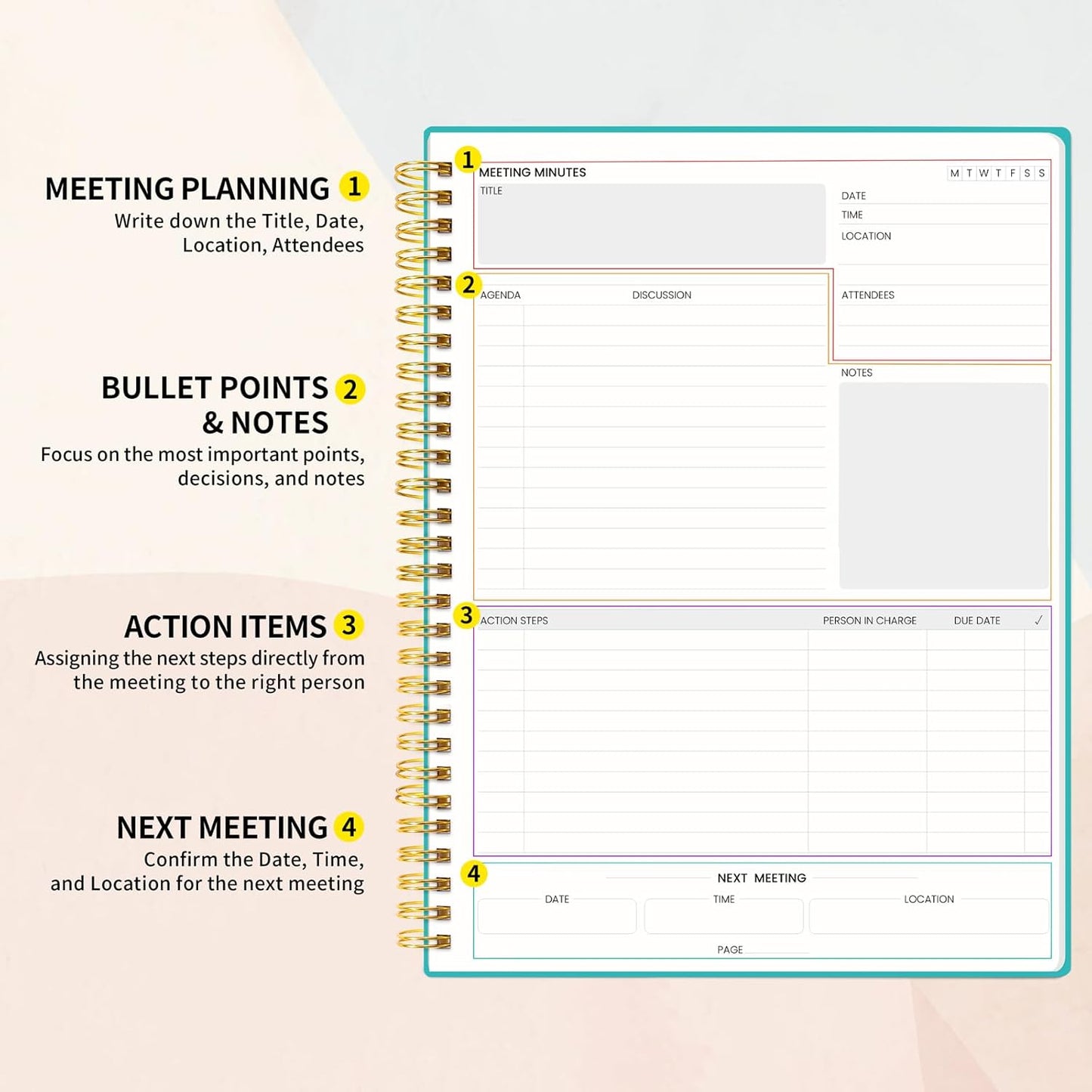 SUNEE Meeting Notebook for Work with Action Items - 160 Pages, B5 Size Project Planner, Spiral Meeting Agenda/Minutes Notebook Organizer for Women Men, Note Taking, Office & Business, 7.5"x10", Teal