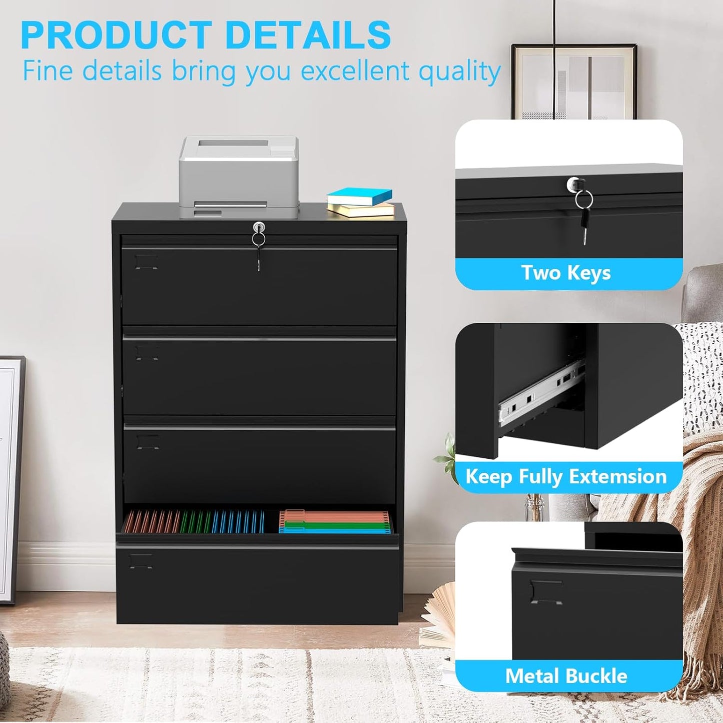 52inch High 4 Drawer Metal Lateral Filing Cabinet - File Cabinets, Lockable Storage, Organizes Hanging Files (Letter/Legal/F4/A4 Size), Requires Assembly