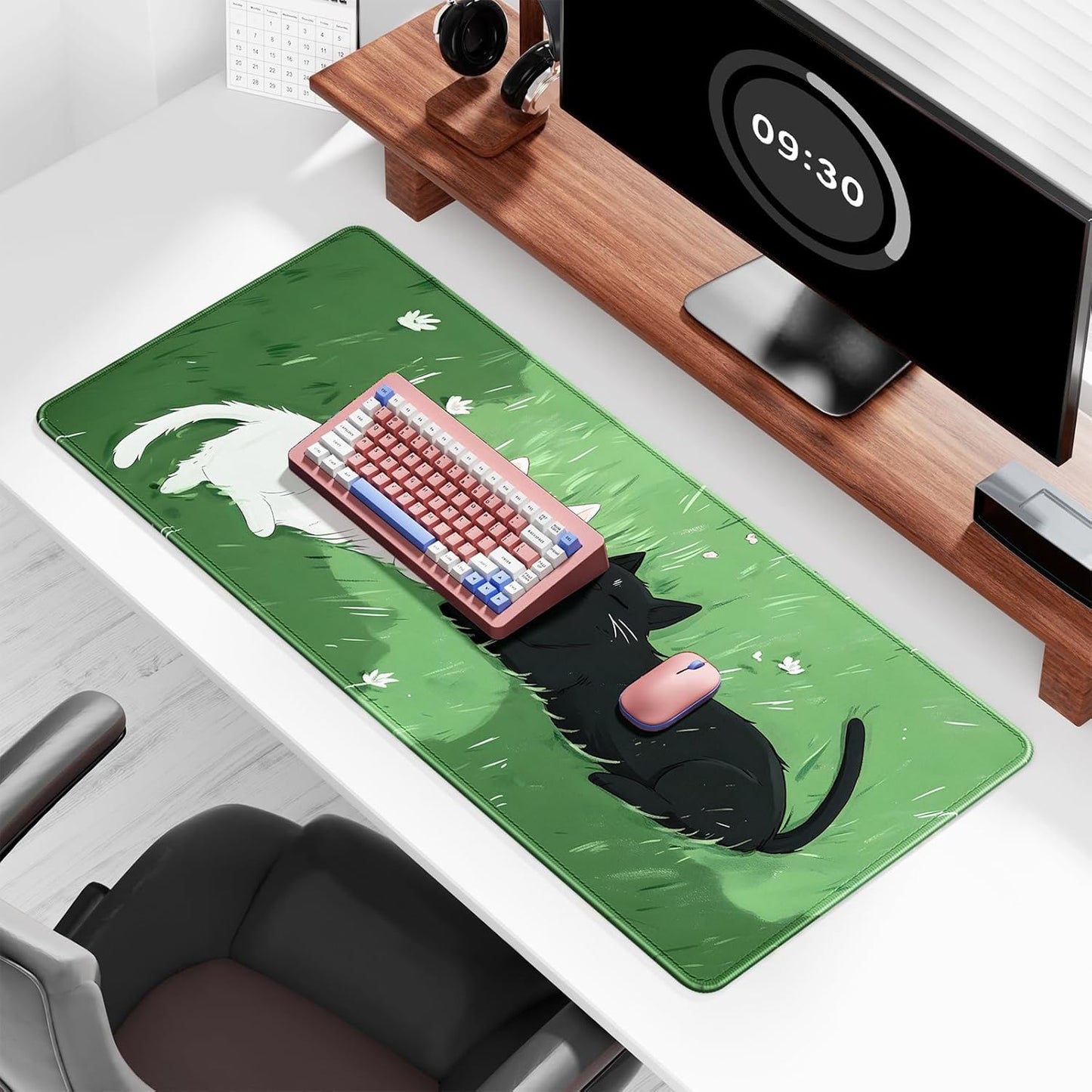 Auhoahsil Large Gaming Mouse Pad, Cute Cat Theme XXL 35.4 x 15.7 in Desk Pad Stitched Non-Slip Rubber Long Computer Mousepad Thin Extended Full Size Desk Mat for Desktop Laptop Wireless Mice, Green