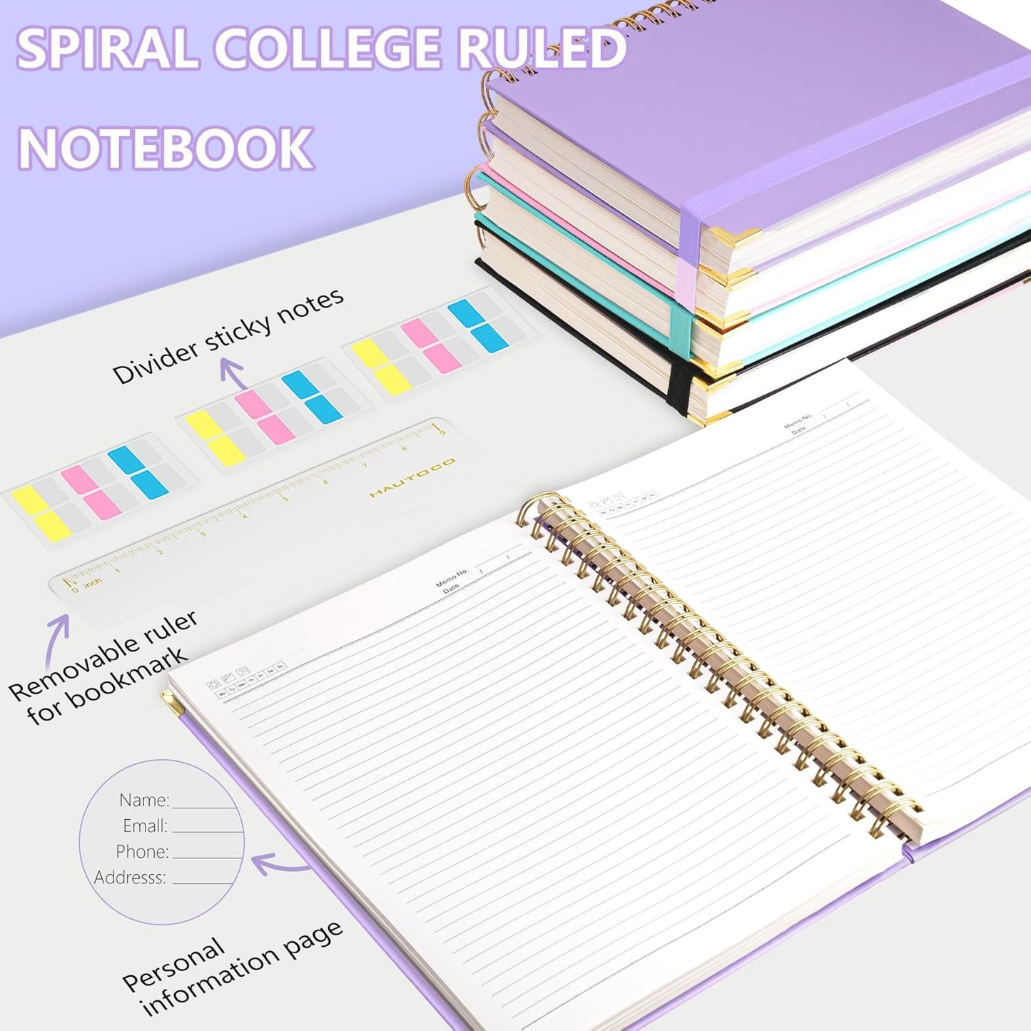 HAUTOCO Spiral Notebook, B5 Purple Hardcover Leather Notebooks, College Ruled Notebook with 320 Pages, 100 GSM Paper, 7"x 9.7" Lined Journaling Notebooks for Girls Women Work School Office