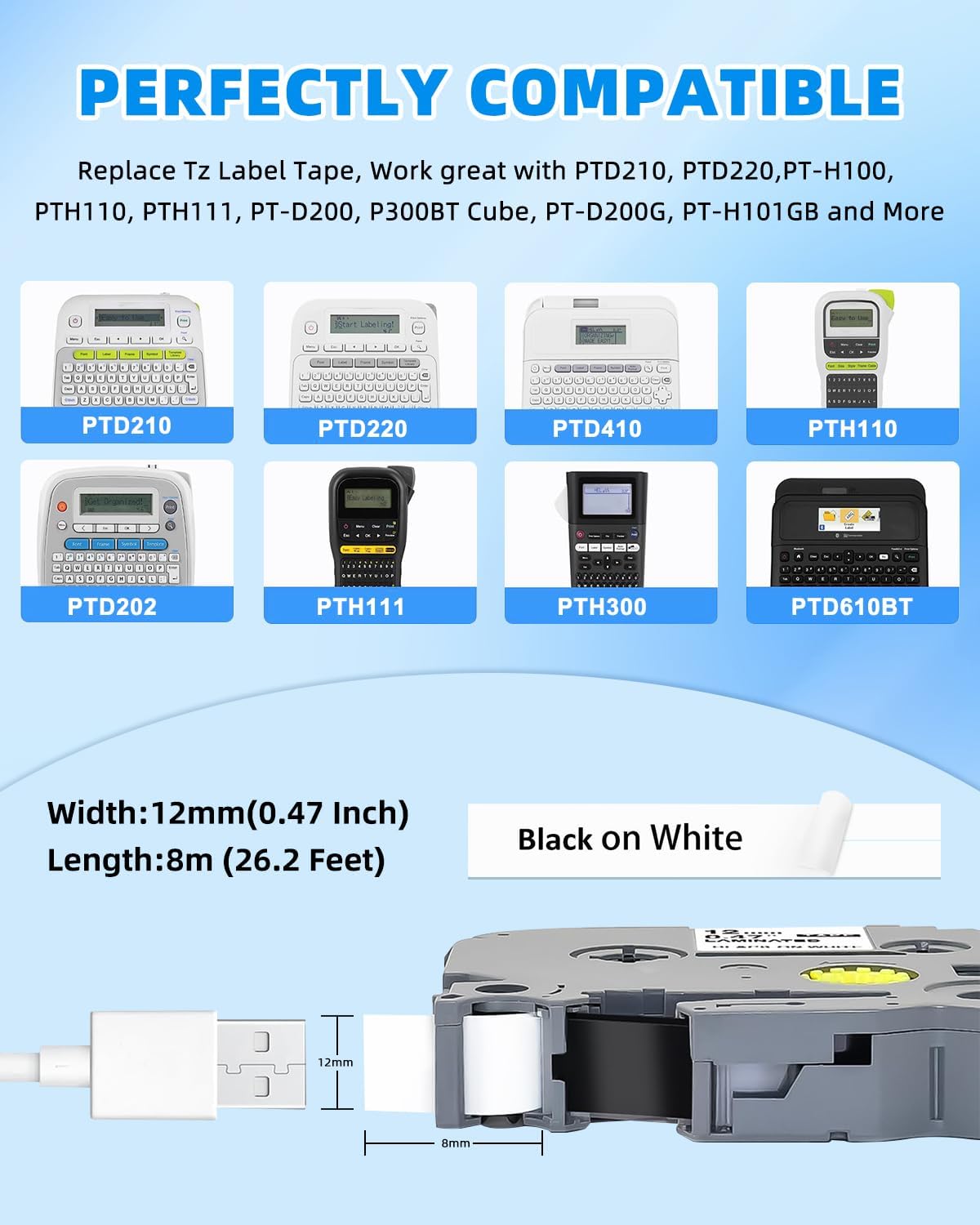 15-Pack 12mm 0.47 Inch Laminated White TZe Tz Tape Replace for Brother Label Maker Tape TZe-231 Compatible with P Touch Label Maker PT-D210 PT-D220 PT-D200 PT-H100 PT-D400 PT-D600