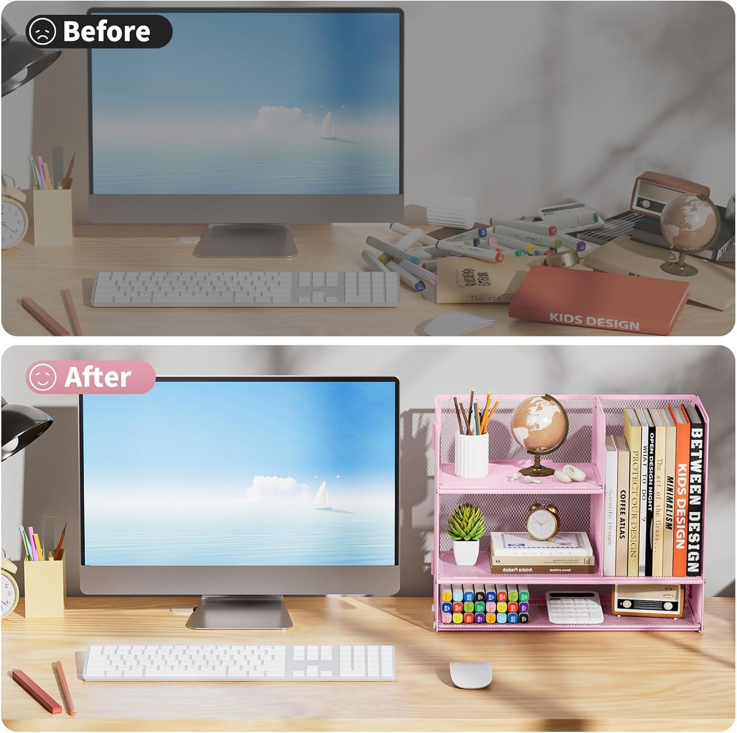 Marbrasse 3-Tier Desk Shelf Organizer with Handle, Desktop Bookshelf File Holder, Mesh Display Shelf Organizer Storage Rack for Office, Home, Supplies, Kitchen (Pink)