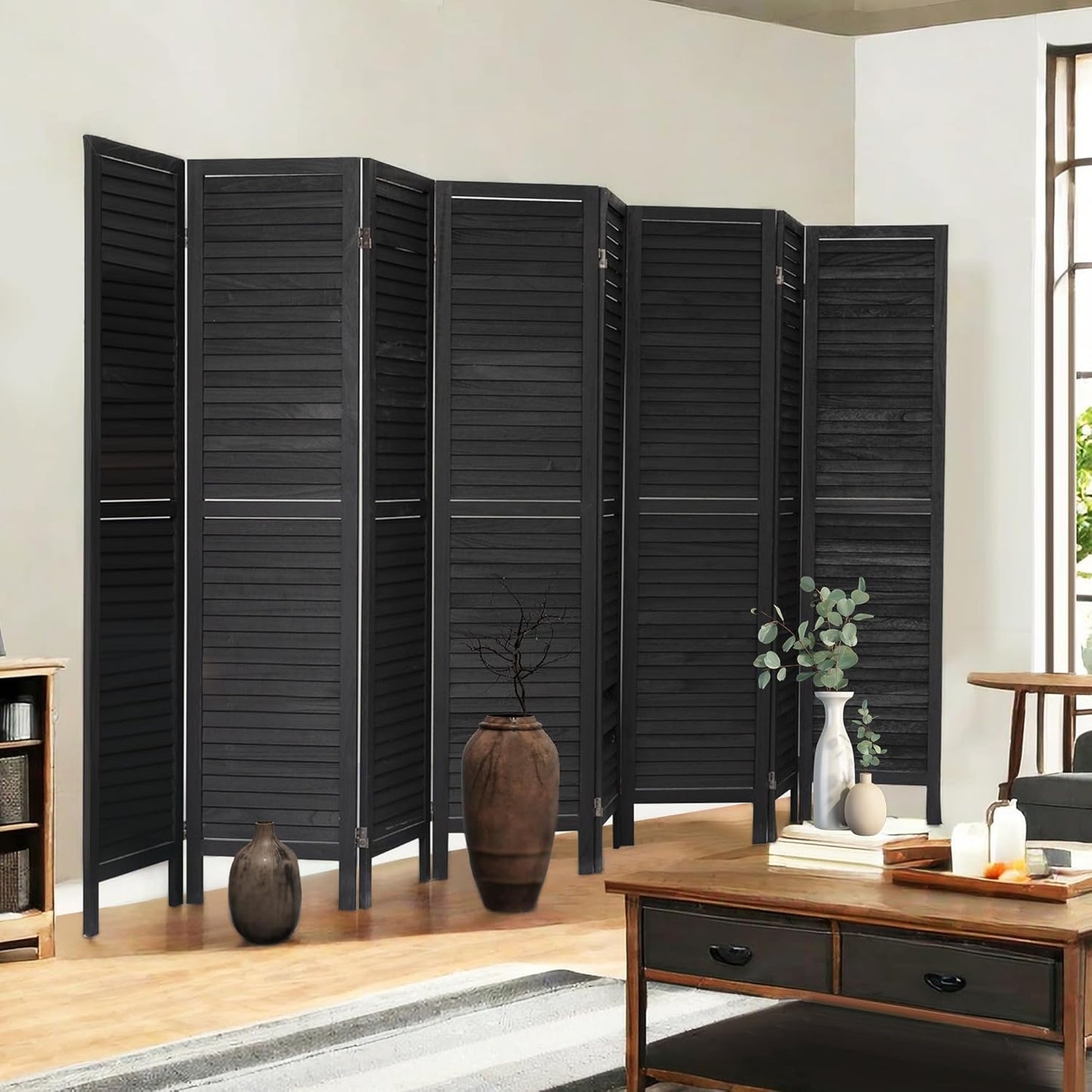 NicBex 8 Panel Room Divider 5.6FT Wood Room Dividers with Louvered Design, Folding Privacy Screens Portable Freestanding Partition Wall Dividers for Home Bedroom Office, Black