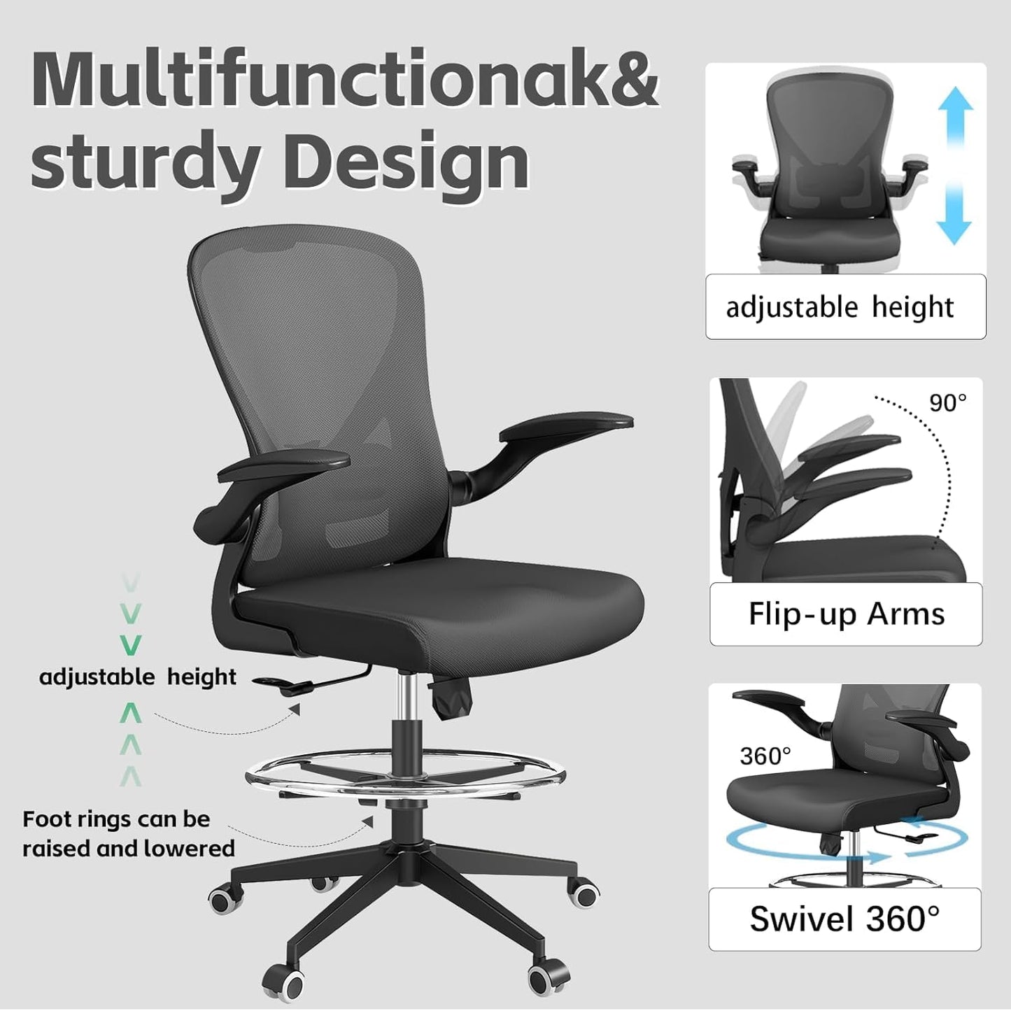 Ergonomic Office Chair with Adjustable Lumbar Support & Flip-Up Armrests - High Back Computer Desk Chair with Thickened Seat Cushion, Rolling Wheels for Home/Office Study Work (05black)