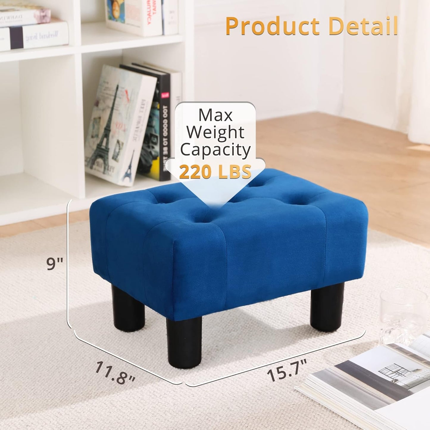 LUE BONA Small Tufted Foot Stool, Velvet Ottoman Elegant Foot Stools Ottoman with Plastic Legs, 9''H, Rectangle Footstool for Adult with Non-Slip Pads,Foot Rest for Living Room,Couch, Navy Blue