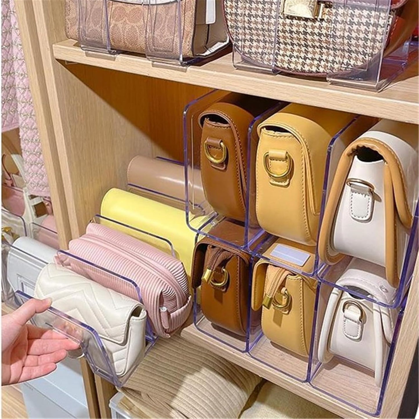 YAGELI Clear Acrylic Purse/Handbag Organizer - 3 Sections Divider for Closet Storage - Sturdy Organizer Rack for Purses, Handbags, and Clutches(2Pack-3Sections)