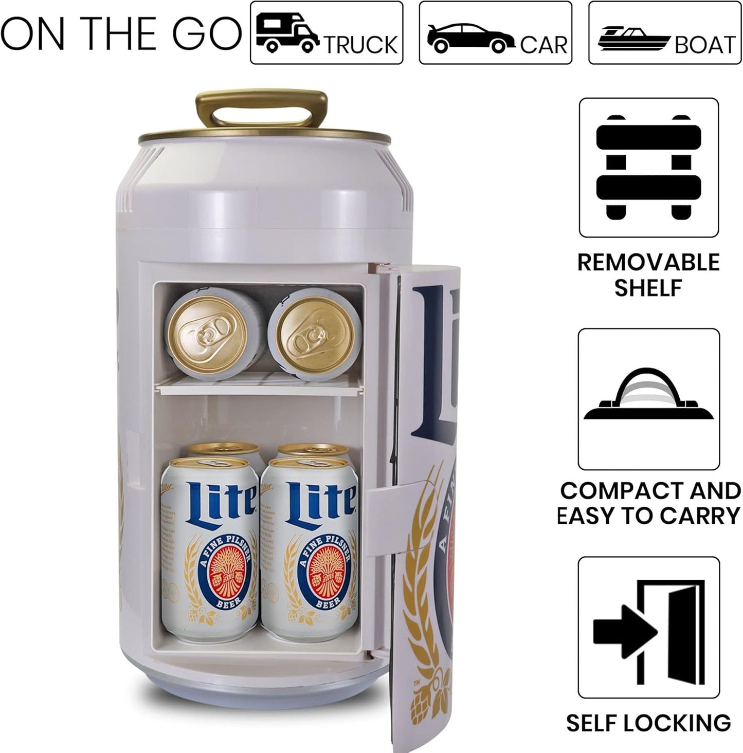 Miller Lite Mini Fridge - Refrigerator for Bedroom Office, Portable Table Top Beverage Cooler, 12V 110V Refrigerador For Drinks, Soda, Wines, Use In Car, Outdoor, Patio, 8 Can