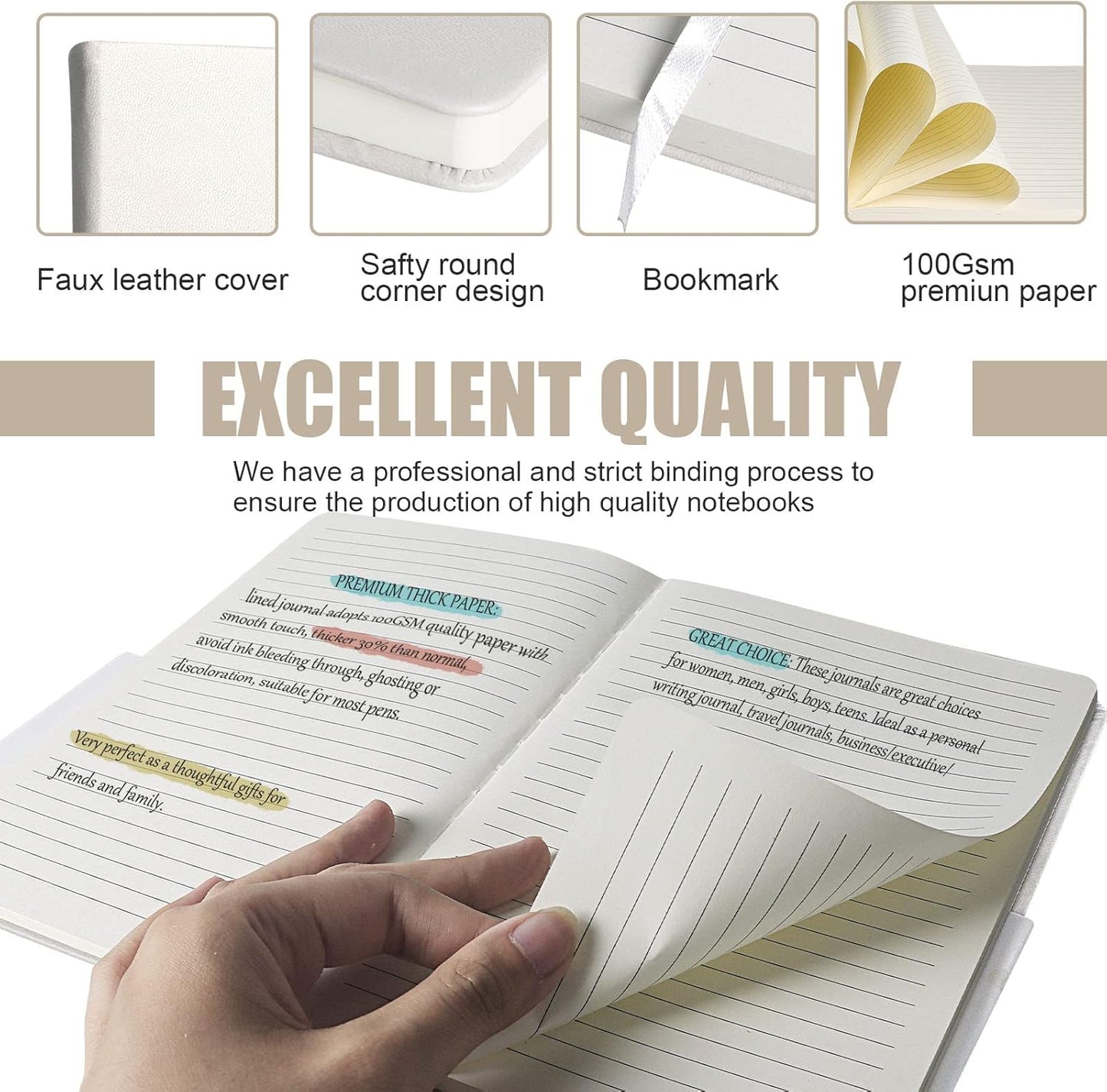 Lined Journal Notebook, (White), 160 Pages, Medium 5.7 inches x 8 inches - 100 gsm Thick Paper, Hardcover