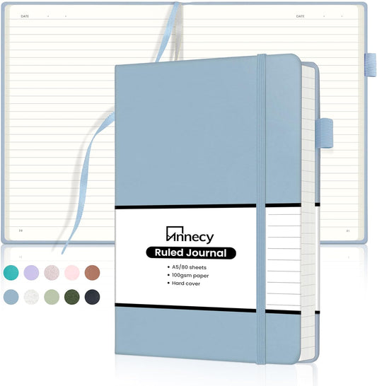 Annecy Numbered College Ruled Lined Journal Notebook, Medium 5.5x 8.25, 160 Pages 100GSM Writing Paper, A5 Haze Blue Faux Leather Cover with Pen Loop