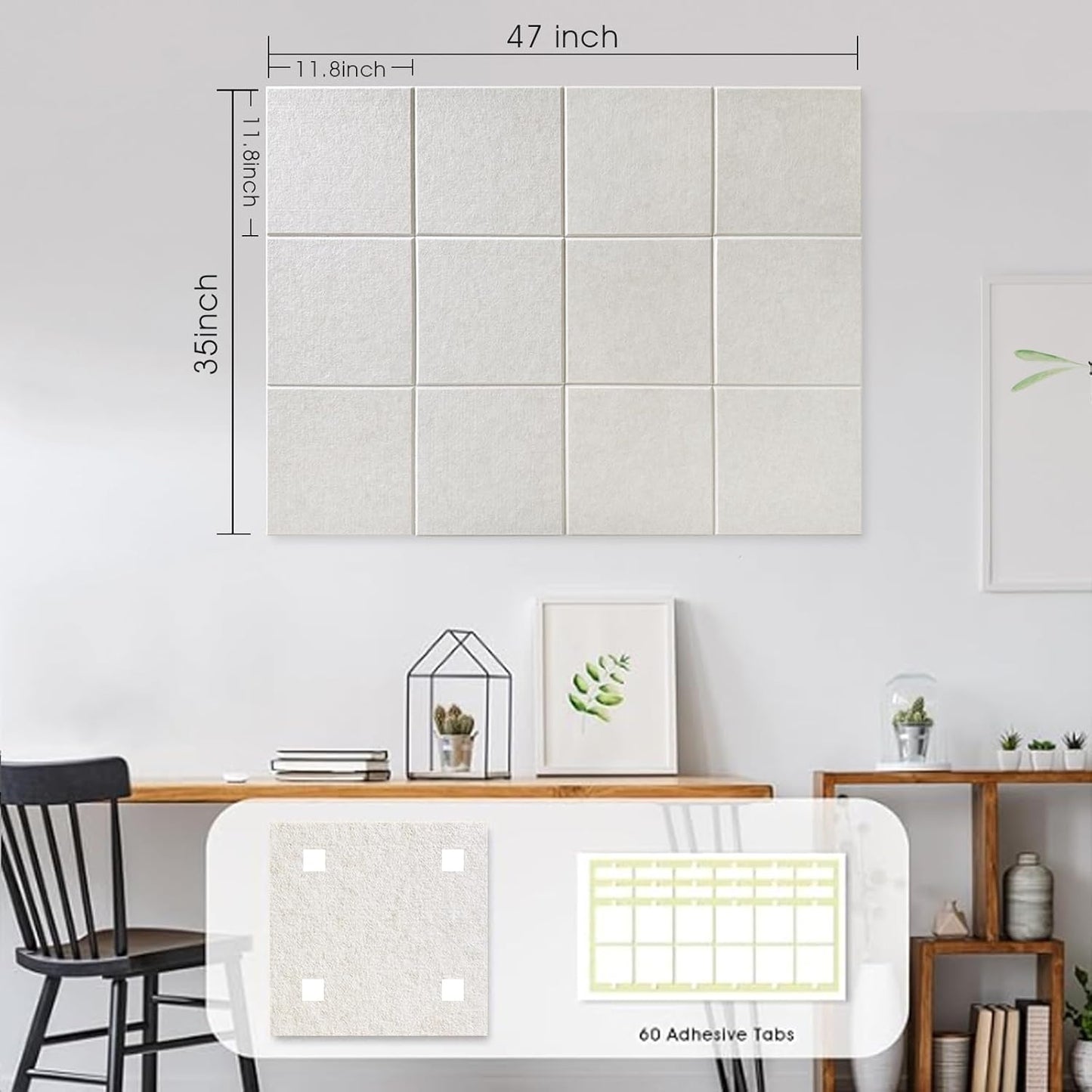 Large Cork Board for Office Wall Decor,48"x36"-12 Pack Felt Wall Tiles with Safe Removable Adhesive Tabs, 1/2" Thick, Felt Bulletin Board Pin Board Cork Boards for Walls - Beige