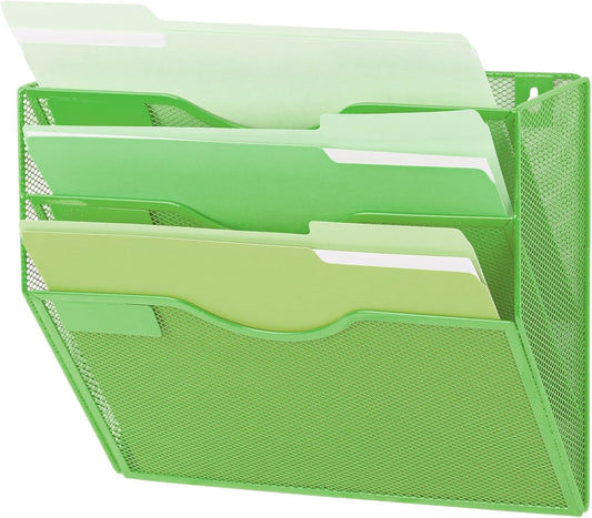 EASEPRES 3 Pocket Mesh Hanging Wall File Organizer, Wall Mounted Mail Paper Document Folder Holder, Clipboard Storage Organization Magazine Rack with Nametag Label for Office Home School, Green