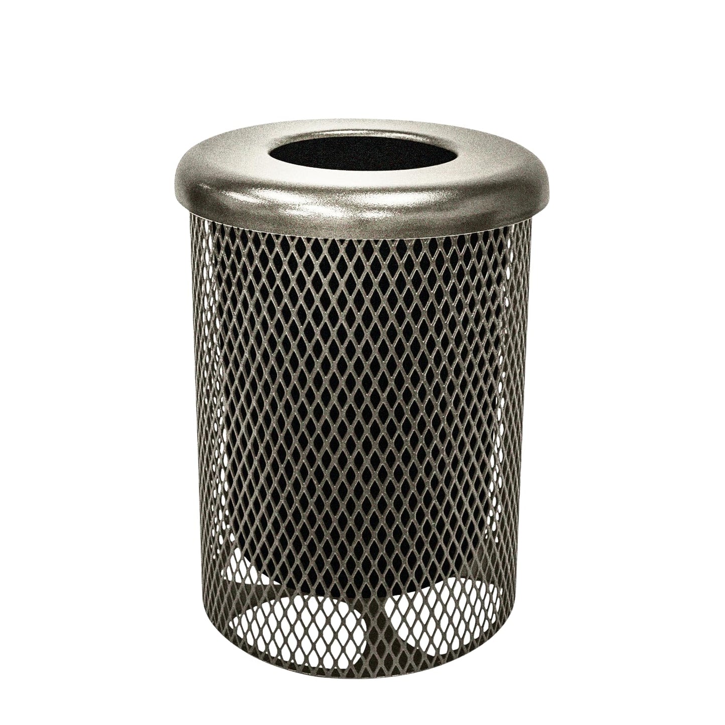 32-Gallon Heavy-Duty Expanded Metal Round Trash Receptacle, Commercial Outdoor Waste Bin with Liner & Black Flat Top Lid – Made in America (Textured Gold Vein)