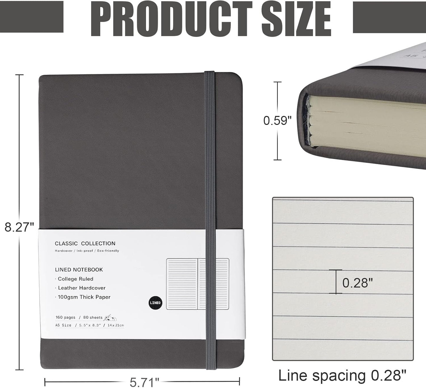 Lined Journal Notebook, (Dark Gray), 160 Pages, Medium 5.7 inches x 8 inches - 100 gsm Thick Paper, Hardcover