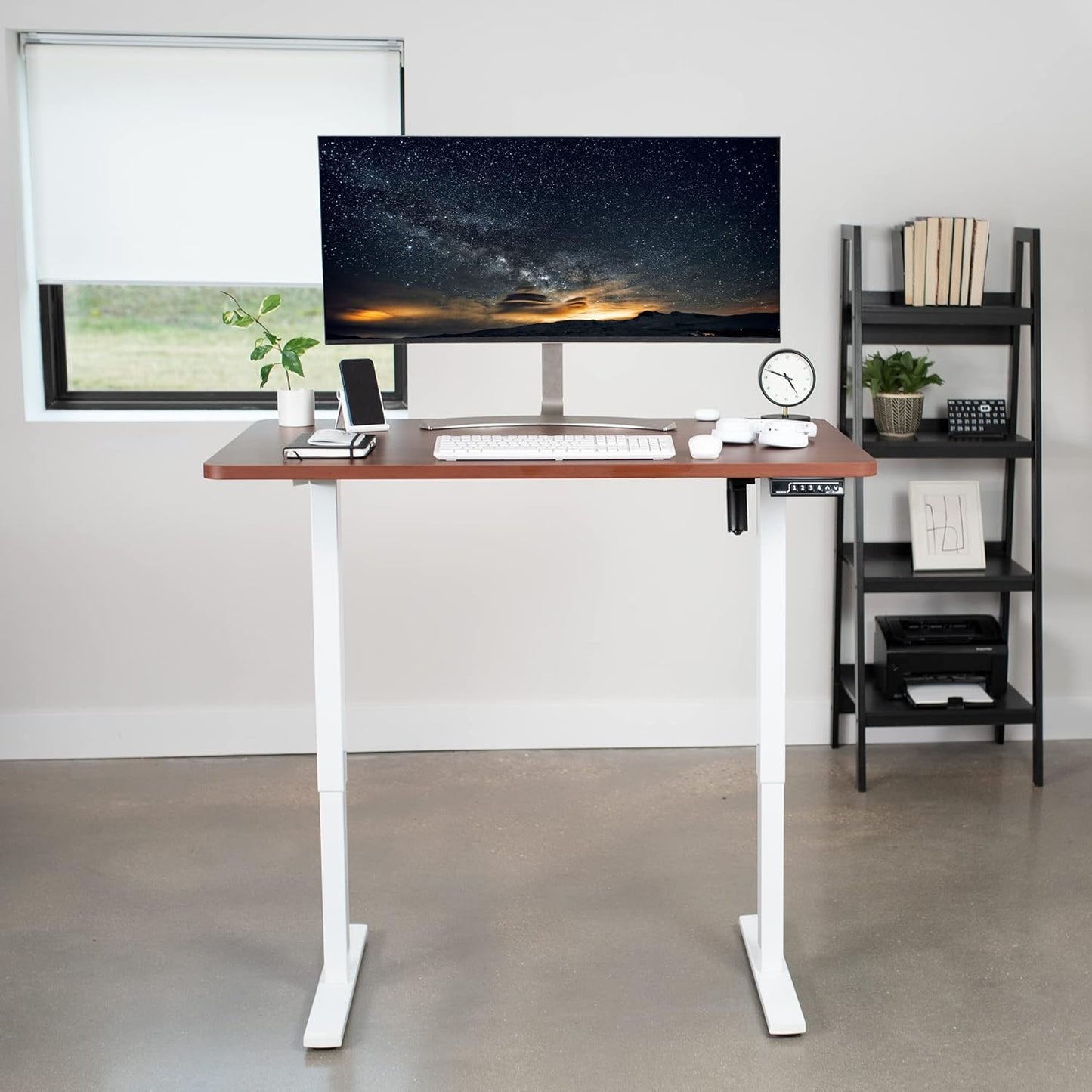 VIVO Electric 48 x 30 in Standing Desk, Memory Height Adjustment, 1B Series, One-Piece Dark Walnut Top, White Frame, DESK-KIT-1W5D
