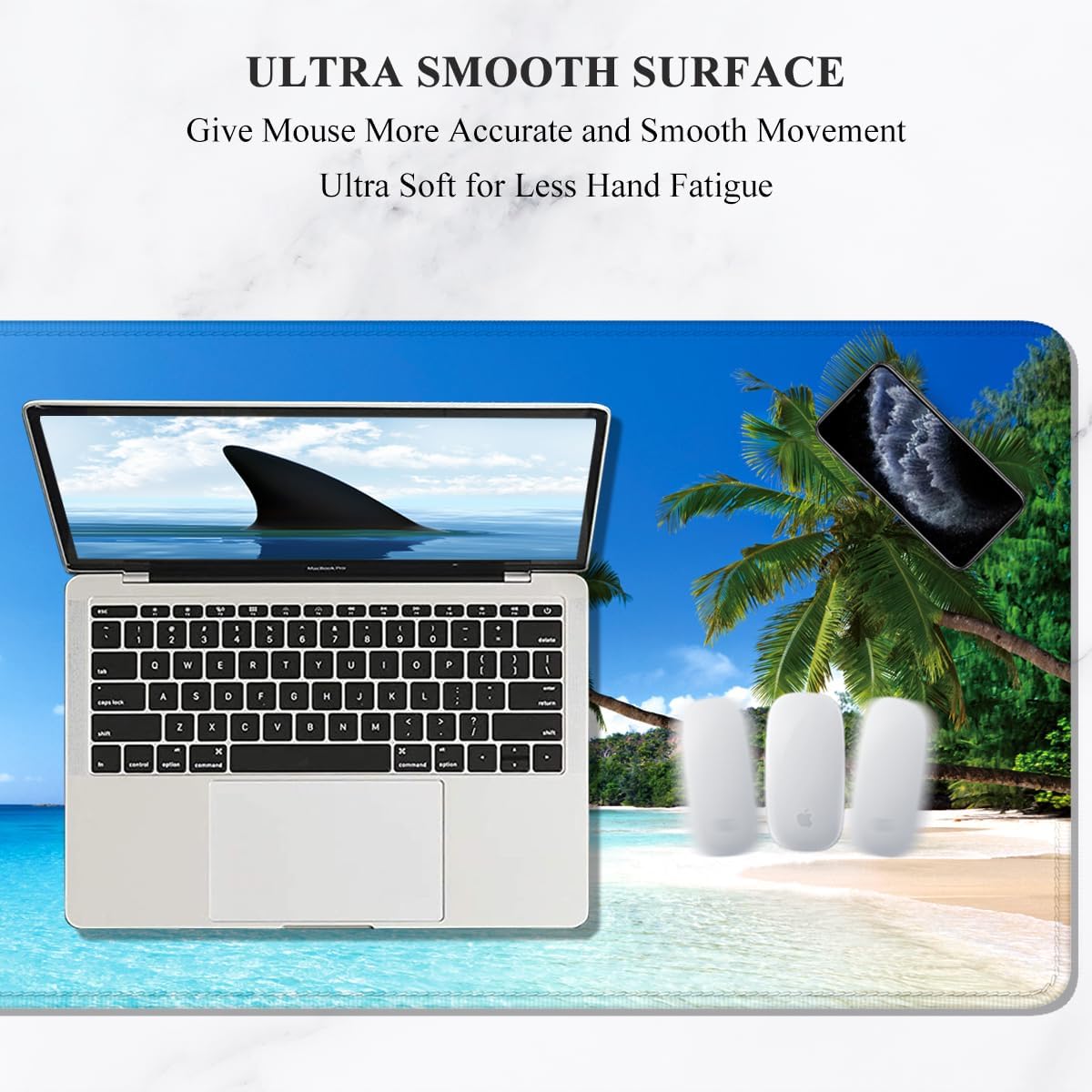 Auhoahsil Large Gaming Mouse Pad, Beach Theme XXL 35.4 x 15.7 in Desk Pad Stitched Non-Slip Rubber Long Computer Mousepad Thin Extended Full Size Desk Mat for Desktop, Laptop, Wireless Mice, Blue