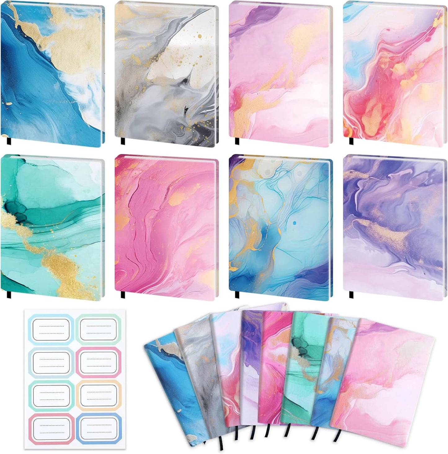 Jumbo Stretchable Book Covers 8PCS Reusable Fabric Book Cover with Label 9x11in Marble Print Protective Sleeve for Hardcover Books Textbook Cover for School Fits Most Book Sizes Up to 10x12.5in