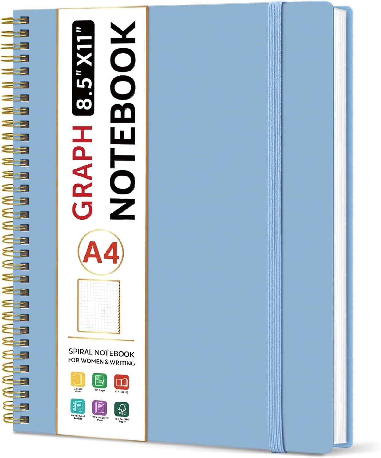 Taja Spiral Graph Notebook, 8.5"x11" Notebooks for Work, Large A4 Journal for Women & Men, Grid Notebook, Journaling Notebook for Writing, Plastic Cover Spiral Journal, Blue