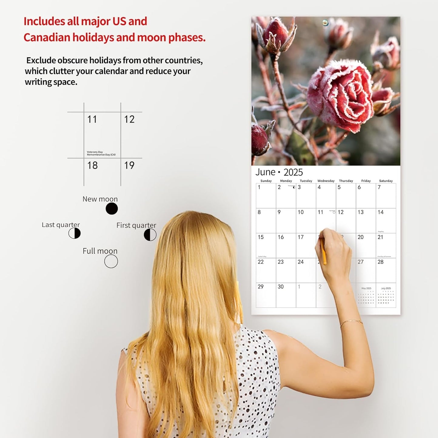 2025 Wall Calendar,Calendar 2025, January 2025 - December 2025, Wall Calendar Roses, 12" x 24" Opened,Full Page Months Thick & Sturdy Paper for Calendar Organizing & Planning