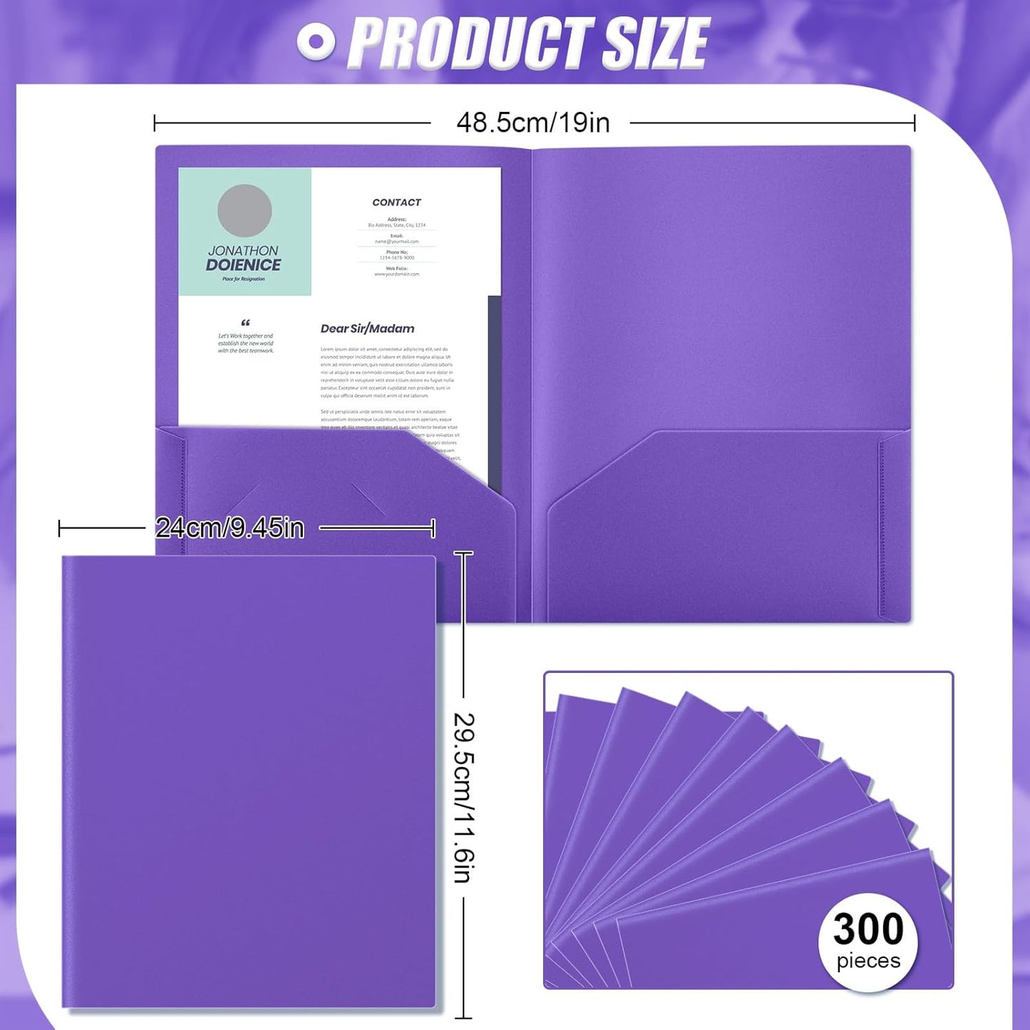 Gueevin 300 Pcs Plastic Folders with Pockets, Two Pocket Folder Fit 8.5 x 11 Inch Letter Size Paper, Heavy Duty School Folders Business Card Holder for Home Office School Bussiness (Purple)