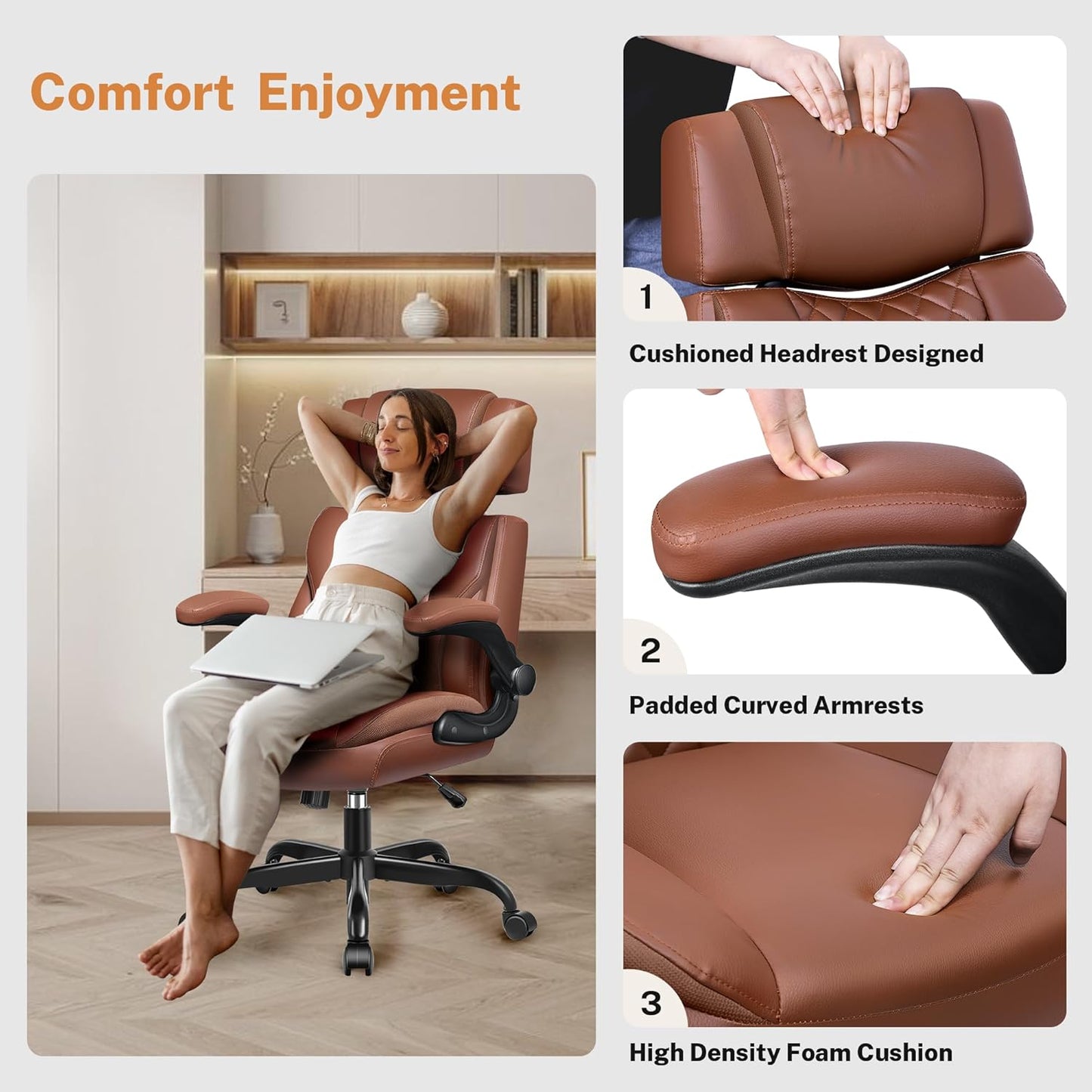 Office Chair Flip Up Arms, Executive Leather Office Chair Ergonomic Desk Chair with Lumbar Support, Adjustable Headrest, Computer Chair Home Office Desk Chair with Rocking Function