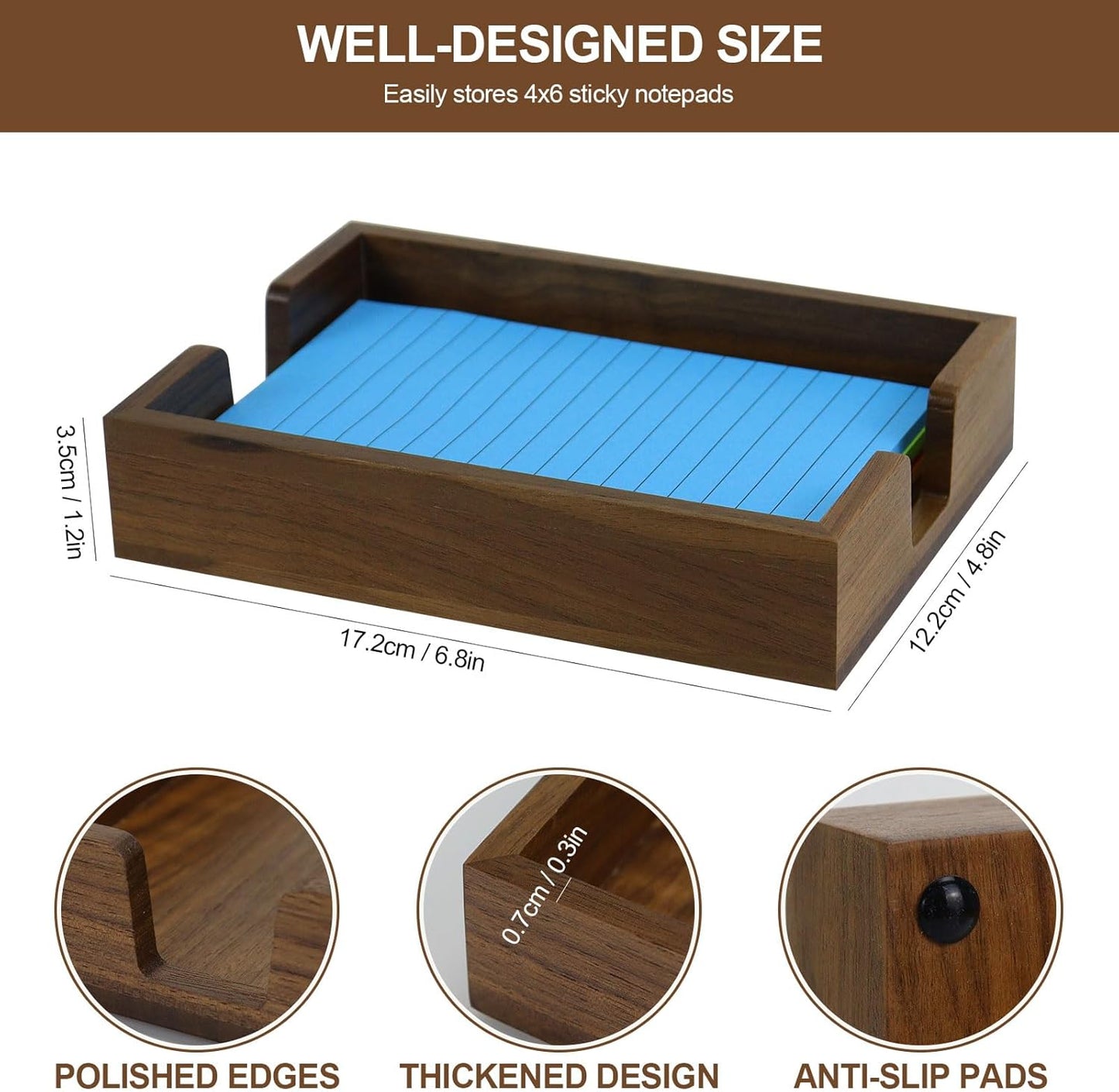 MultiBey Walnut Wood Sticky Notes Holder for Desk, 4x6 Inch Self -Sticky Note Memo Holder, Wooden Sticky Note Dispenser Office Desk Organizer for Dorm Room Office Home School (S)