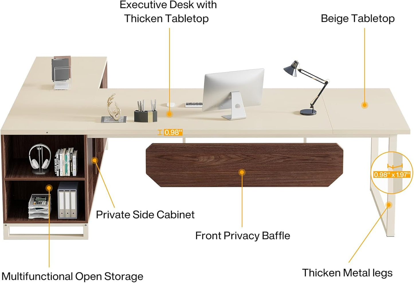 Tribesigns 70.8" Executive Desk with 55" File Cabinet, Modern L Shaped Computer Desk with Storage Shelves and Cabinet, Large L Shaped Executive Desk for Home Office, Beige & Walnut