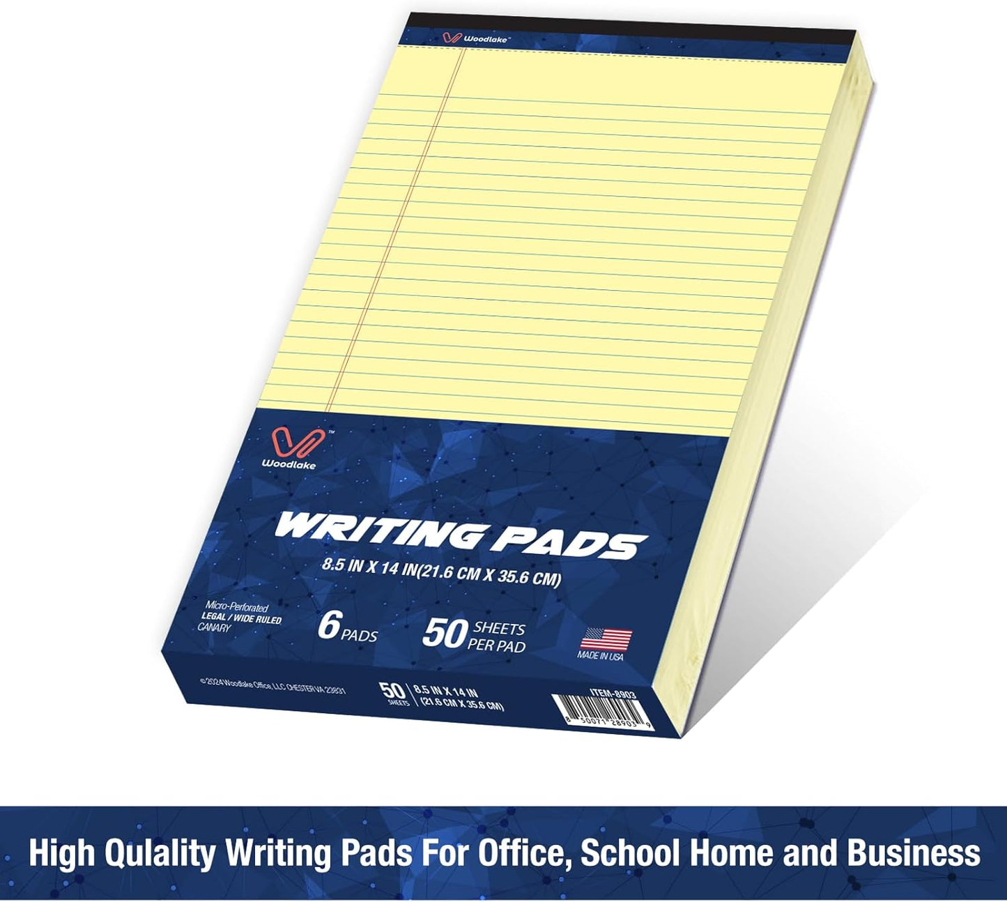 Woodlake Legal Pads 8.5 "x 14" – 6‑Pack, Wide Ruled, Premium Yellow Paper Pad No ink Bleed, Micro‑Perforated Writing Pads,50 Sheets, Legal Size Note pads for School, Office & Home, Made in USA