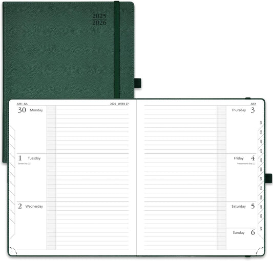 POPRUN Planner 2025-2026 (Large 8.5''x 10.5''), Horizontal Weekly Notebook Jul.2025 - Jun.2026, Academic Appointment Book with Monthly Tabs, Leather Hardcover, Inner Pocket, 100 GSM - Army Green