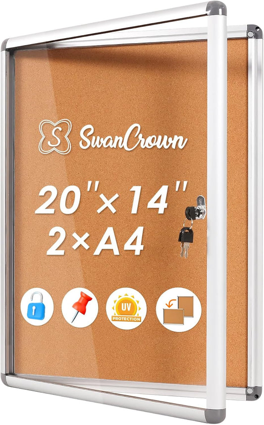SWANCROWN Enclosed Bulletin Board,Lockable Cork Noticeboard for School Office,Wall Display Case with Lock 20"x14"(2xA4)