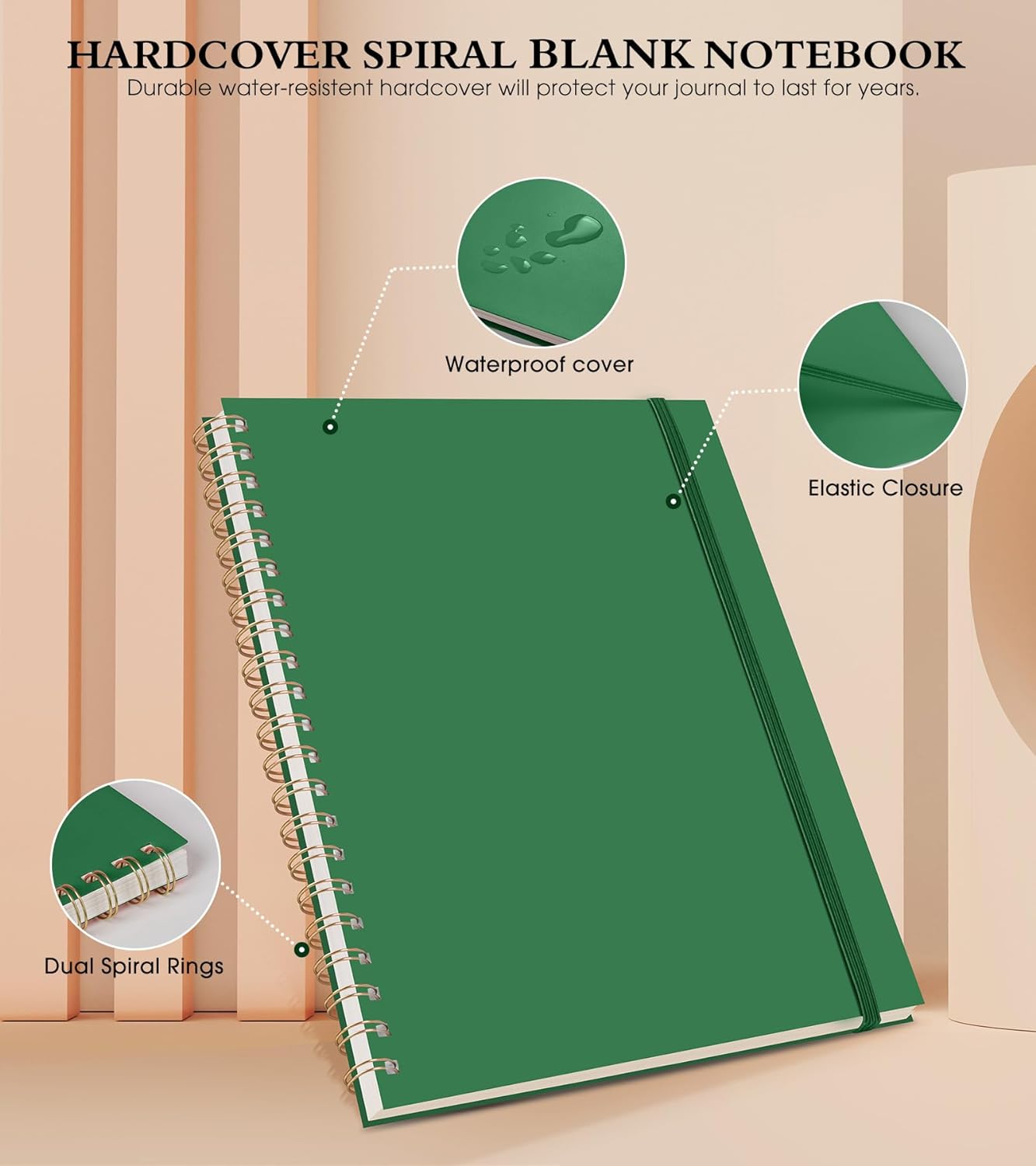 Blank Spiral Notebook Journal 8.5” x 11”, A4 Large Sketch Book for Women Men, 100 GSM Blank Paper Drawing Notebook, Plastic Hardcover Spiral Bound Sketchbook for Sketching Work School Writing, Green