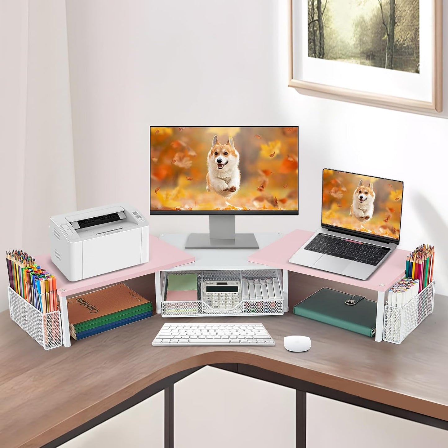 Desk Dual Monitor Stand Riser - Desk Organizer with Drawer and Pen Holders, Office Desk Accessories & Workspace Organization, Computer Monitor Stand for Laptop, Printer(Pink＆ White)