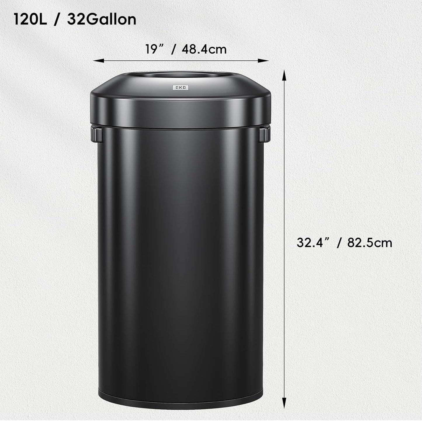 EKO Urban 32 Gallon Round Black Stainless Steel Open Top Waste Bin, Tall Commercial Trash Can for Indoor/Outdoor, Extra Large Metal Garbage Bin for Office, Restaurant, Restroom,120L
