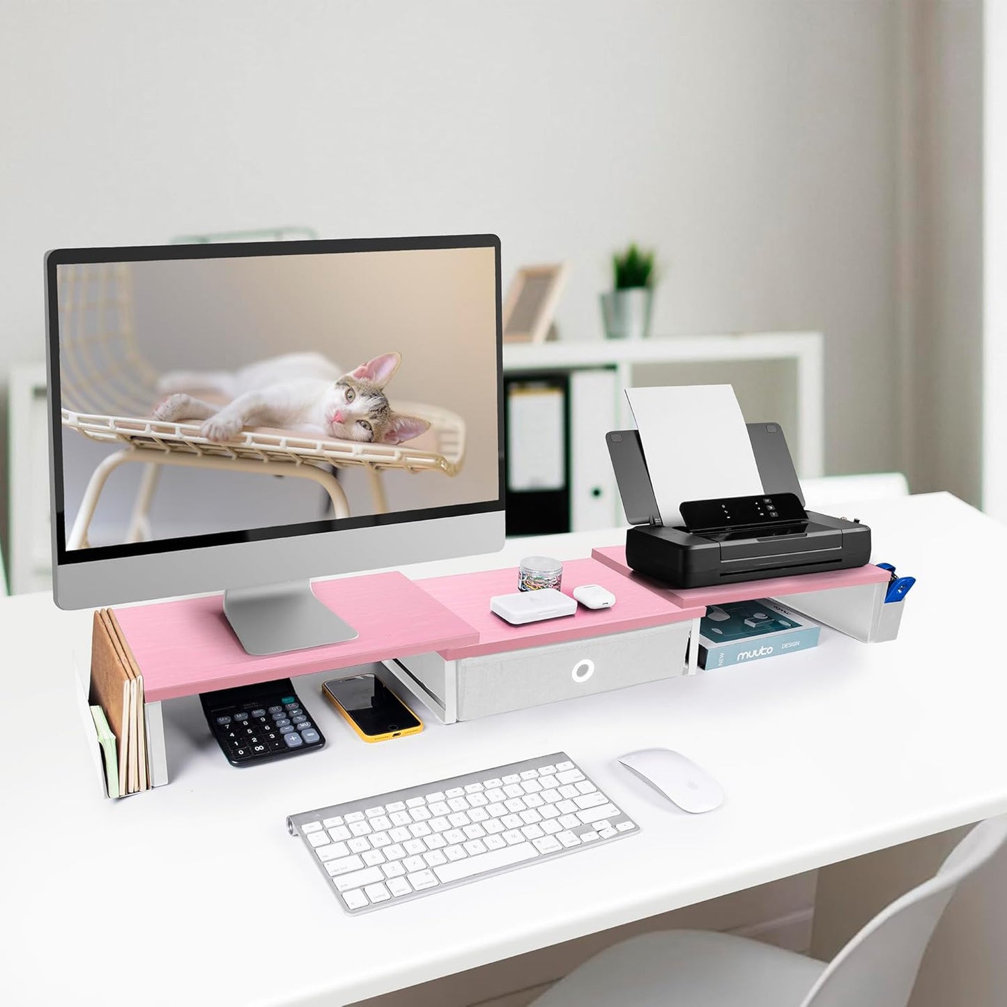 Dual Monitor Stand Riser With Drawer & Metal Leg, Large Desk Shelf For 2 Monitors w/ Adjustable Length & Angle, Desktop Organizer For Laptop/TV/Printer