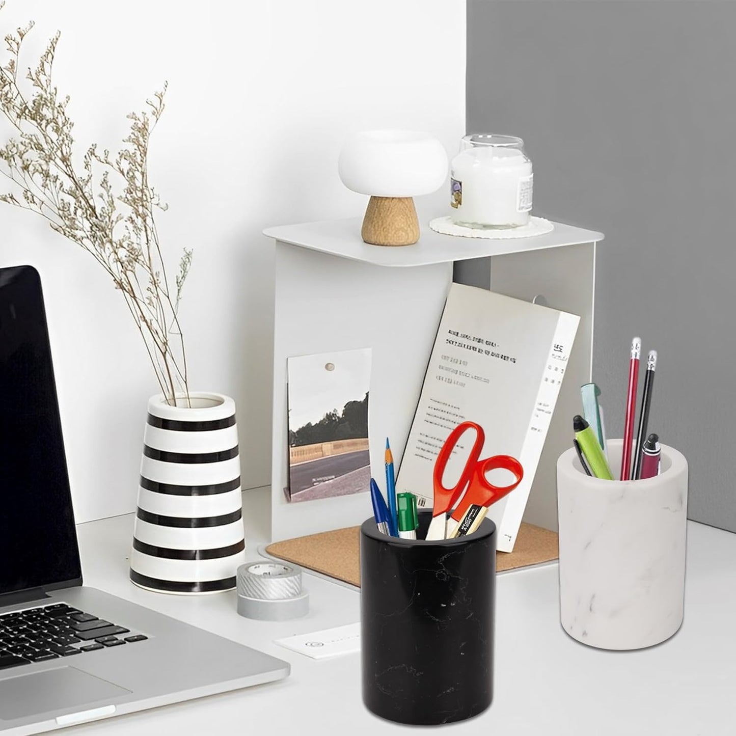 WORHE Natural Marble Pen Holder for Desk, Handcrafted Volakas Sturdy Desk Organizer for Office Supplies Storage Desktop Stationary Makeup Brushes Cup Pencil Holders for Home White (DL002)