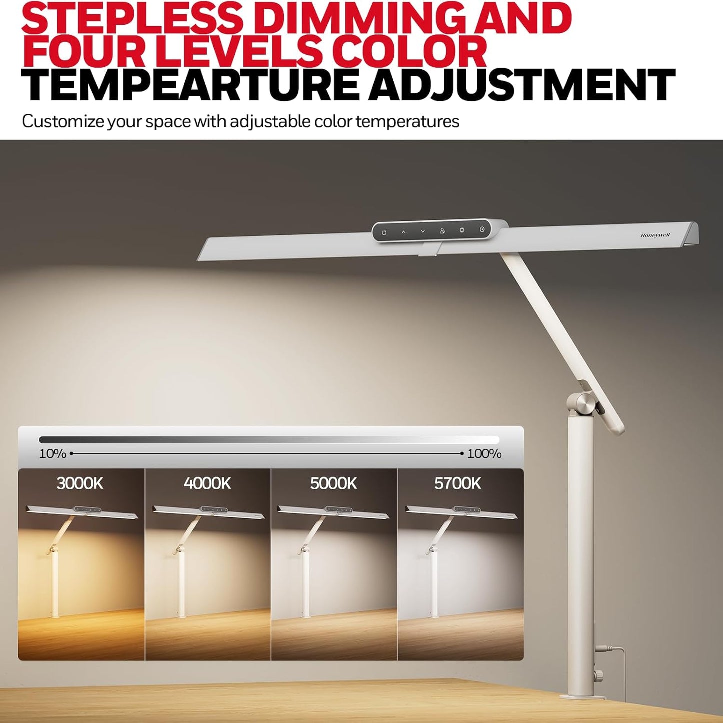 Honeywell LED Desk Lamp with Clamp - HJ1 Sunturalux Eye-Caring Clip on Lights for Home Office, 1200LM Clamp Lamp 4 Color Modes Stepless Dimming Task Desk Light for Working White