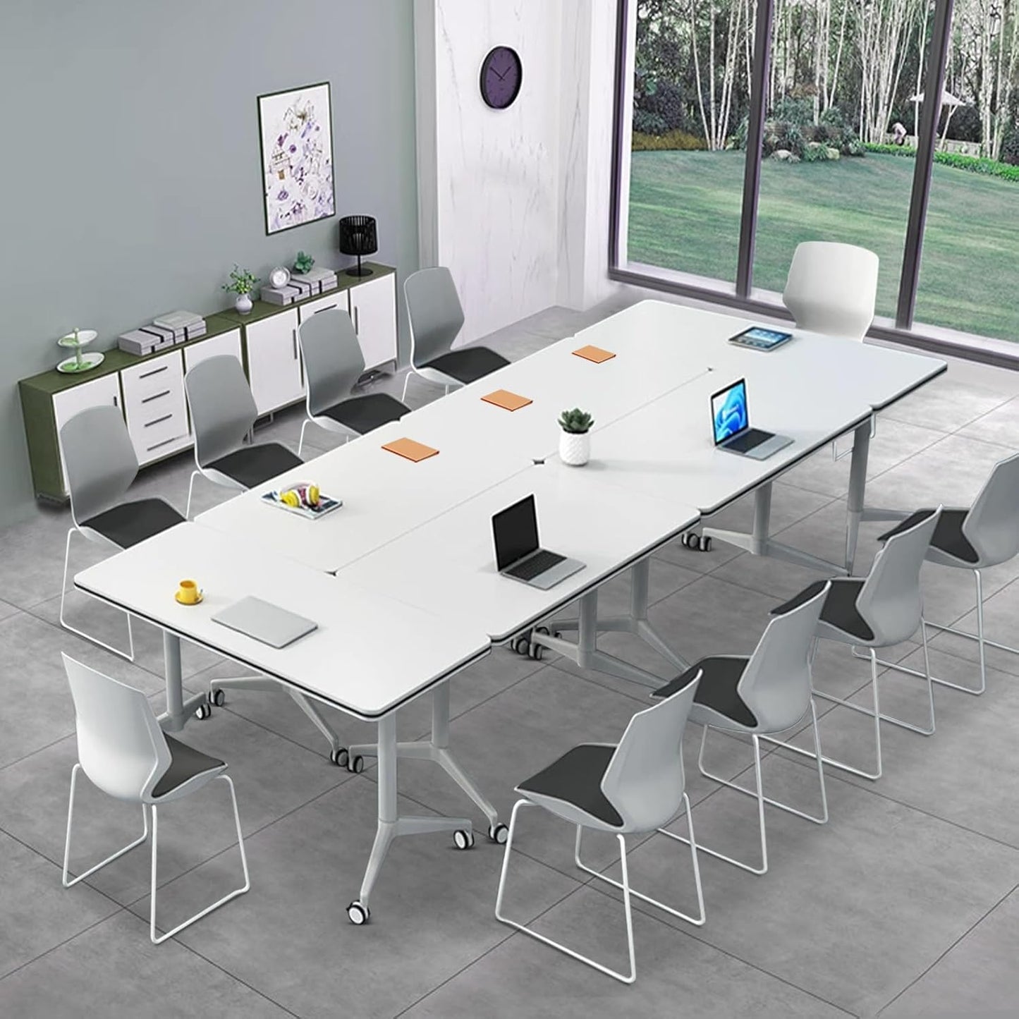 Folding Conference Table, Modern Large Conference Room Tables with Flip-Top Design, Foldable Conference Table Meeting Table with Wheels, Mobile Seminar Training Tables for Office Classroom (8, White)